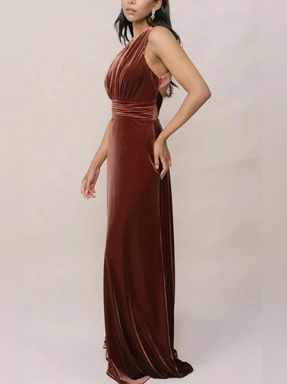Revelry Sleeveless Plunge Velvet Maxi Dress in Terracotta